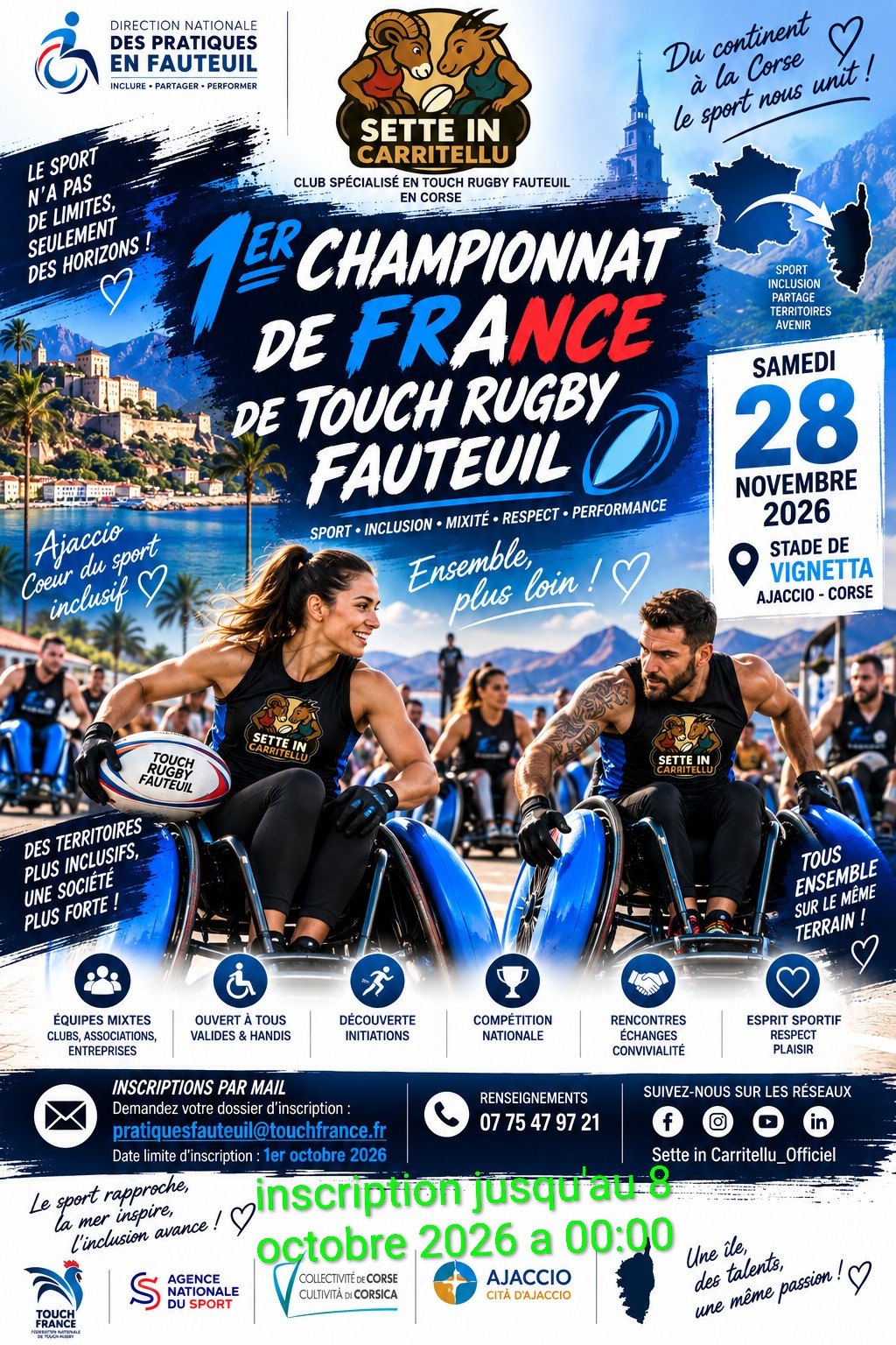 Affiche du premier championnat de France de Touch Rugby Fauteuil, le samedi 28 novembre 2026 au stade de Vignetta à Ajaccio. Informations essentielles reprises dans le texte adjacent.